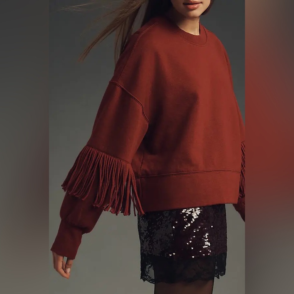 Maeve Fringe-Sleeve‎ Crew-Neck Sweatshirt Maroon Size XS